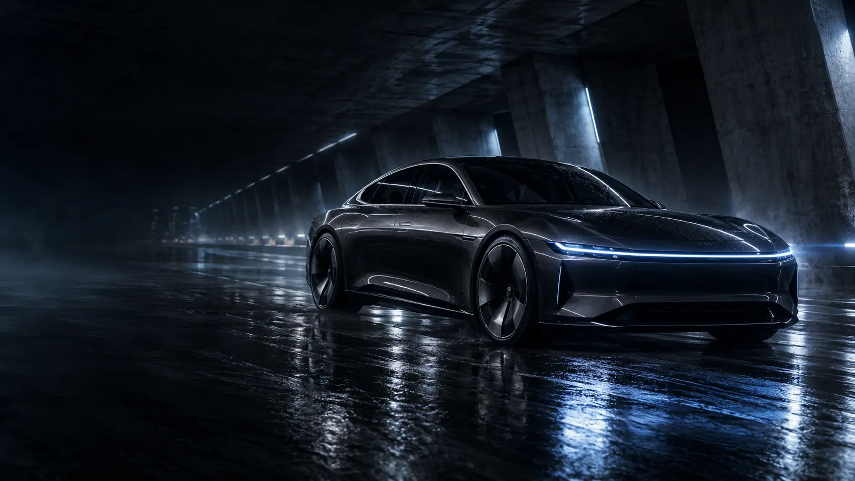 VANTA APEX electric grand tourer in a night tunnel
